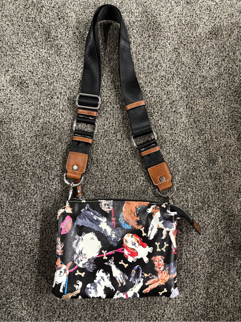 Sydney Love Black Crossbody Bag with Multicolor Dog Print and Brown Trim